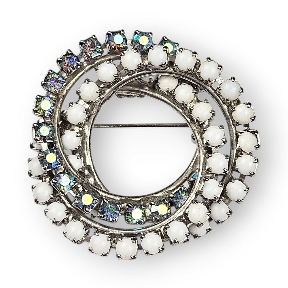 Vintage Rhinestone Circles Brooch White Milk Glass Aurora Borealis Rhodium Plate